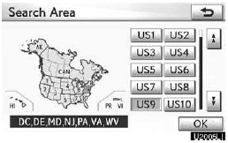 2. Touch one of “US1” through “CAN” to select a region to search.