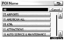 When the desired category is touched, the POI name list screen is displayed.