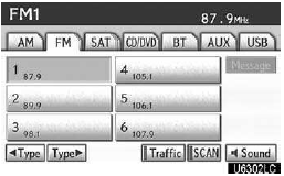 2. Touch “AM”, “FM”, “SAT”, “CD”, “CD/DVD”, “BT”, “AUX” or “USB” tab to turn