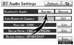 2. Touch “Register” of “Bluetooth Audio” on “BT Audio Settings” screen.