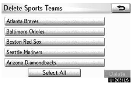 2. Touch the sports team that you would like to delete or touch “Select All”