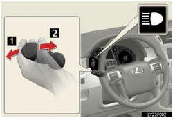 1.With the headlights on, push the lever away from you to turn on the high beams.